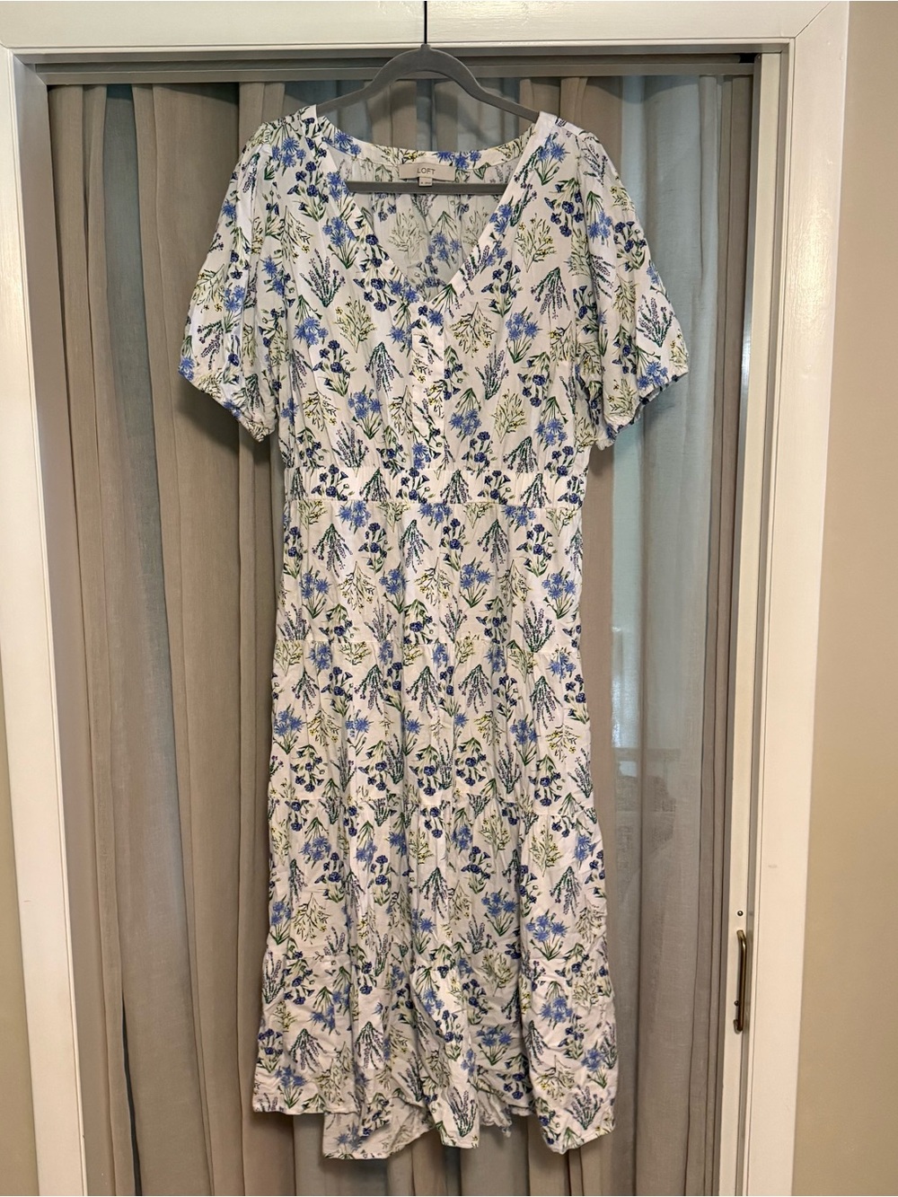 LOFT Floral V-Neck Midi Dress in White and Blue